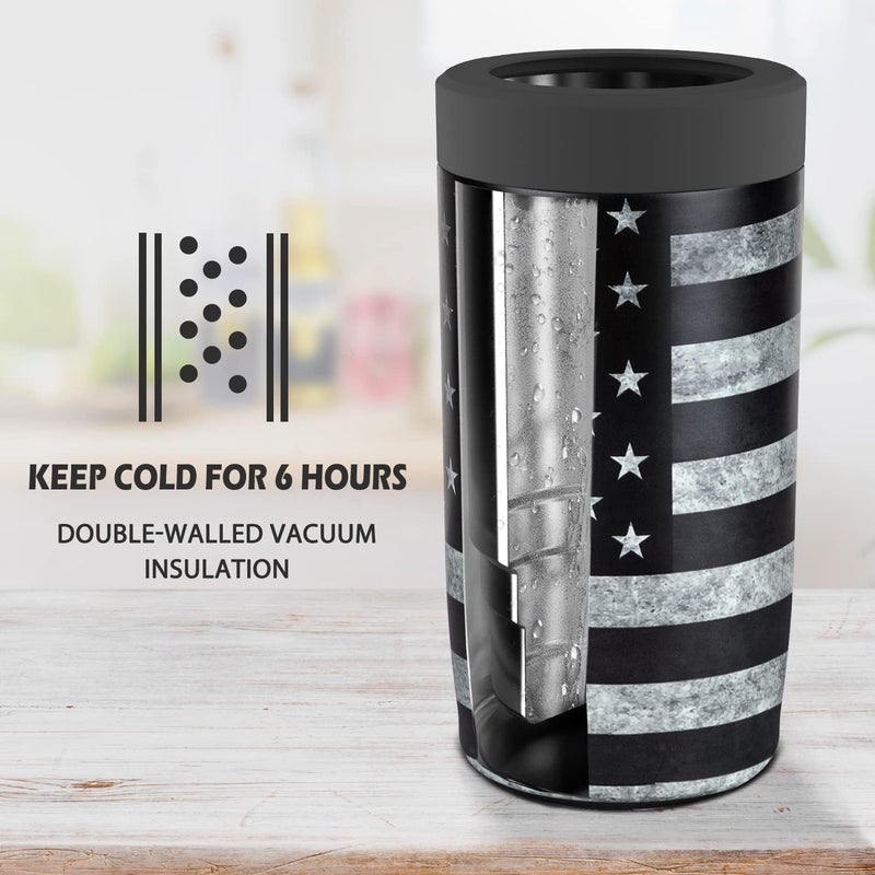 ITSLIFE 4-in-1 Slim Can Cooler Easy to Hold Insulated Beer Can Holder Double-walled Stainless Steel for All 12 Oz Cans Gift (Black America Flag 2) - Image 1